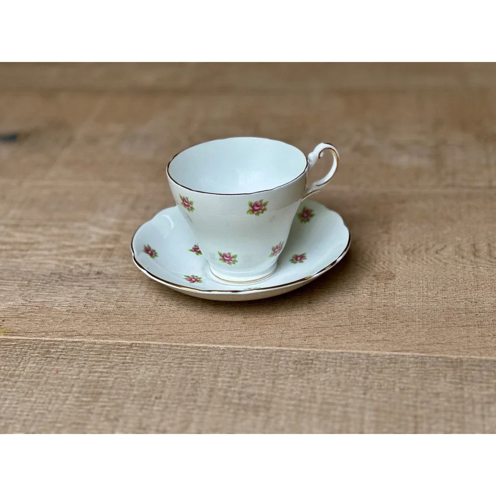 Vintage Regency English‎ Bone China Tea Cup Set Pink Rosebud Gold Trim England